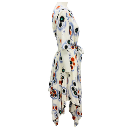 Jason Wu White Multi Floral Print Handkerchief Hem Button Front Midi Dress