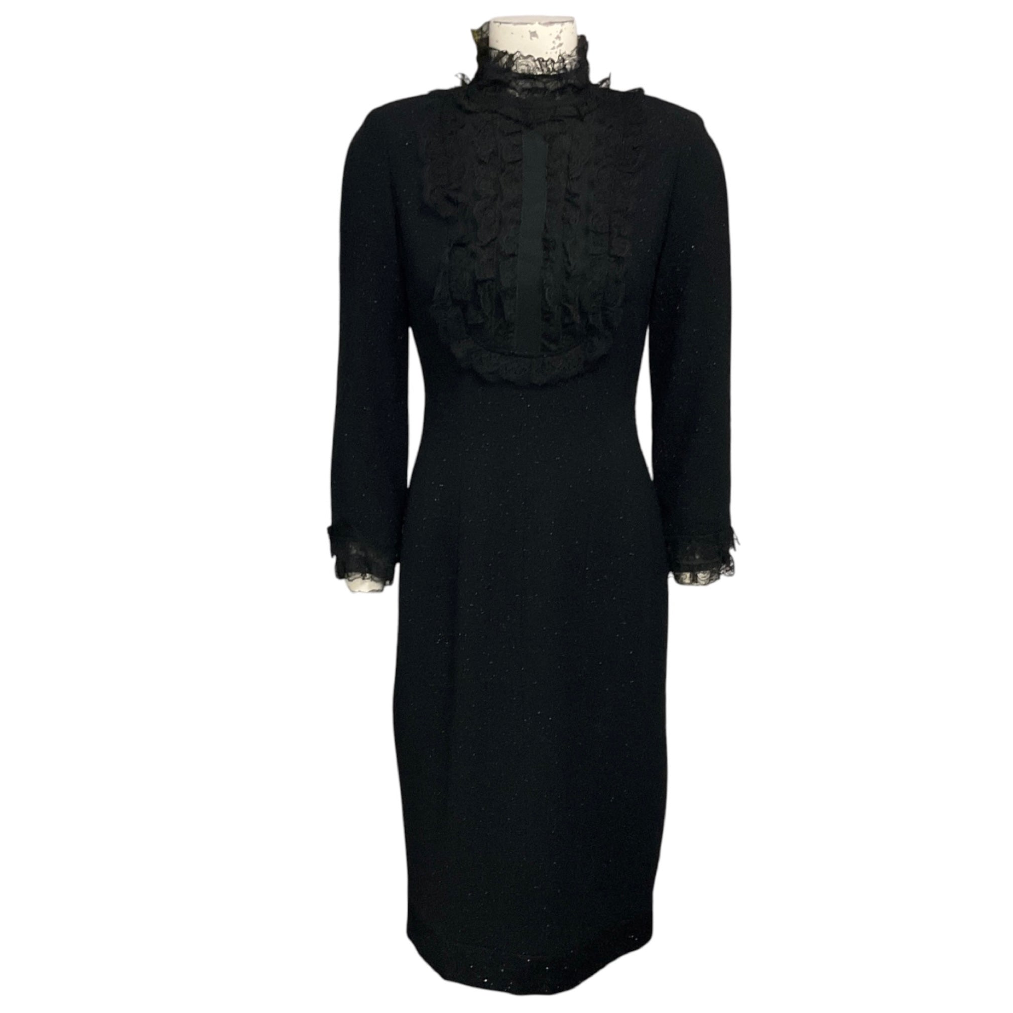 Chloe Vintage Black Lace Trimmed Long Sleeved Shimmer Tweed Cocktail Dress
