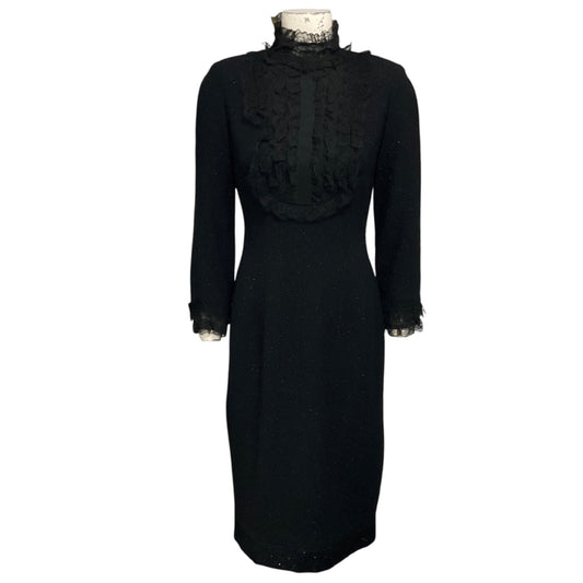 Chloe Vintage Black Lace Trimmed Long Sleeved Shimmer Tweed Cocktail Dress