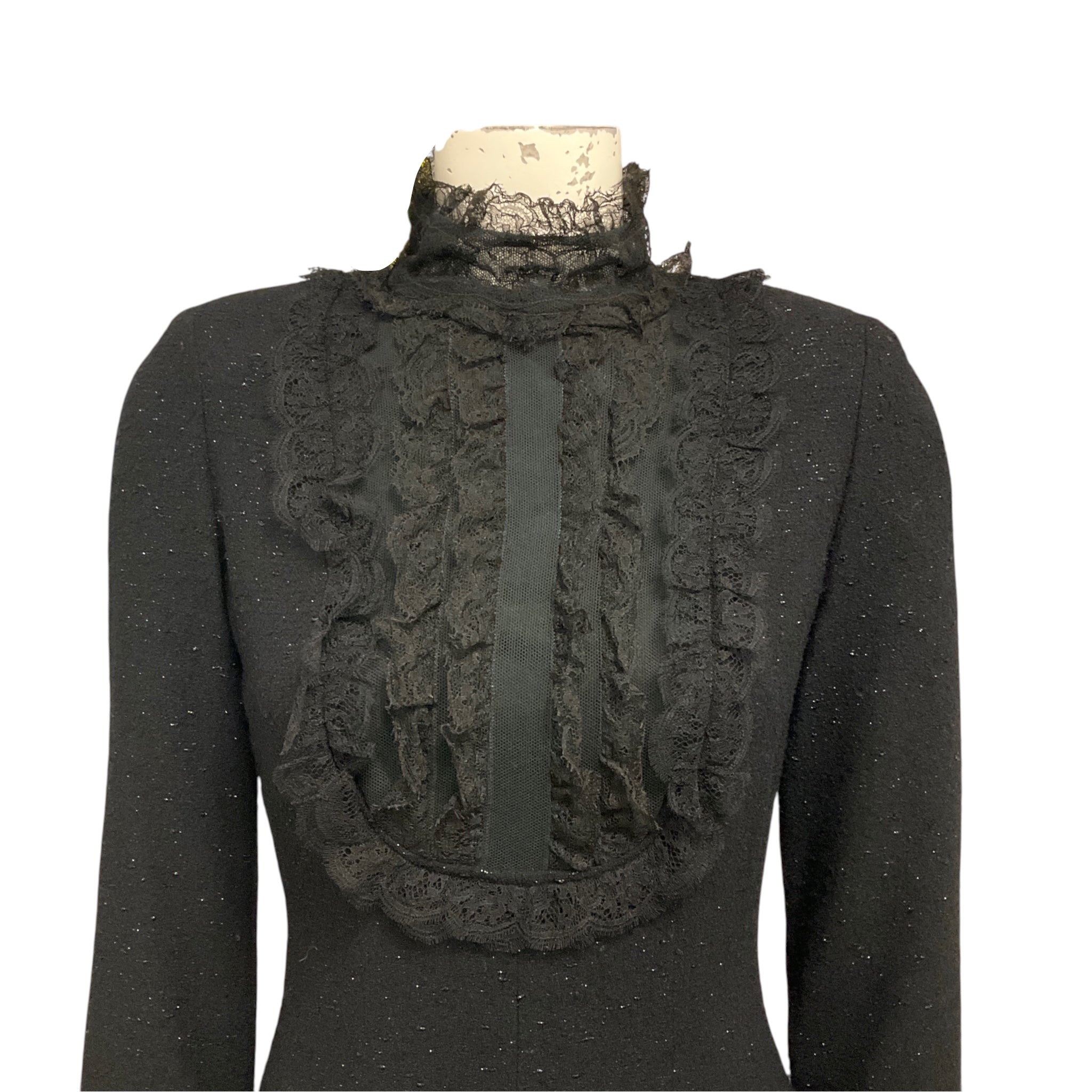 Chloe Vintage Black Lace Trimmed Long Sleeved Shimmer Tweed Cocktail Dress
