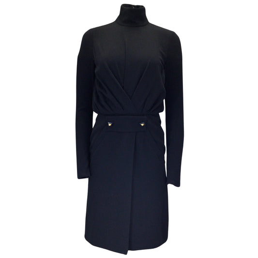 Givenchy Black / Gold Buttoned Long Sleeved Mock Neck Wool Crepe Dress