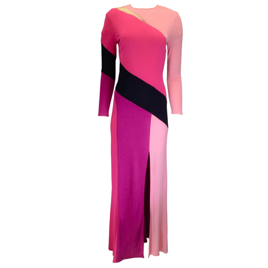 Prabal Gurung Pink / Purple / Black Mesh Detail Long Sleeved Colorblock Maxi Dress