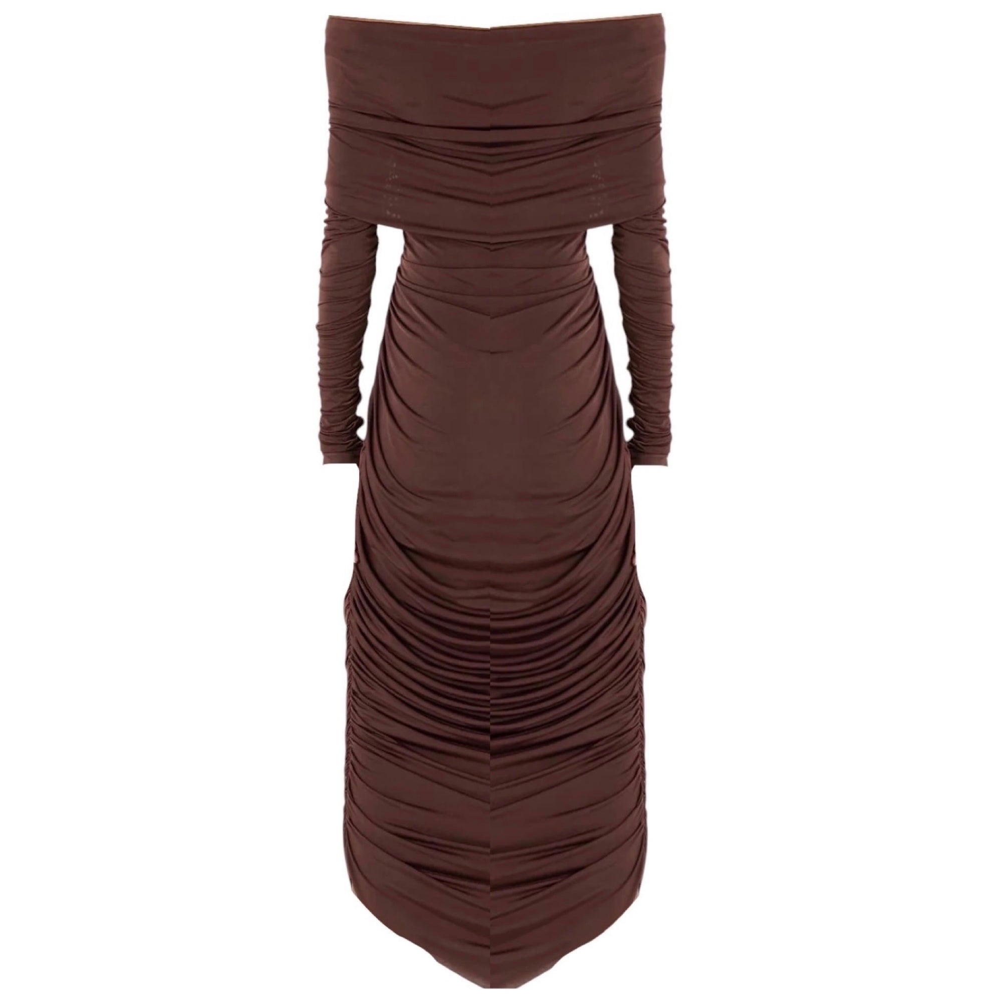 Sergio Hudson Chocolate Off Shoulder Layered Ruched Dress