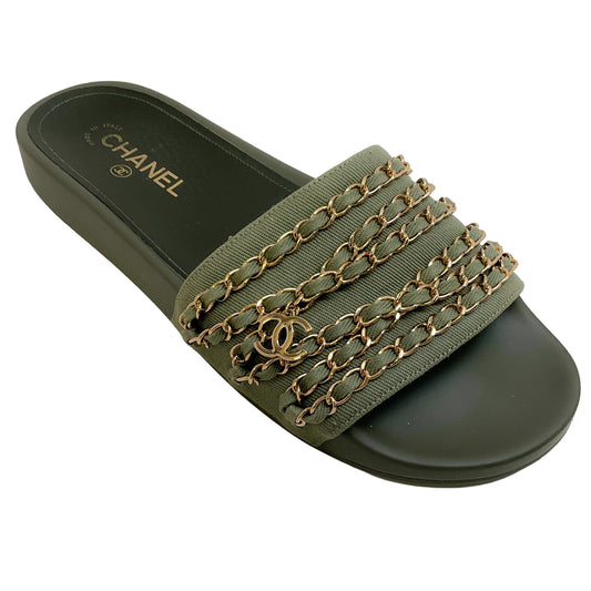 Chanel Olive Twill Slide Sandals with Chains