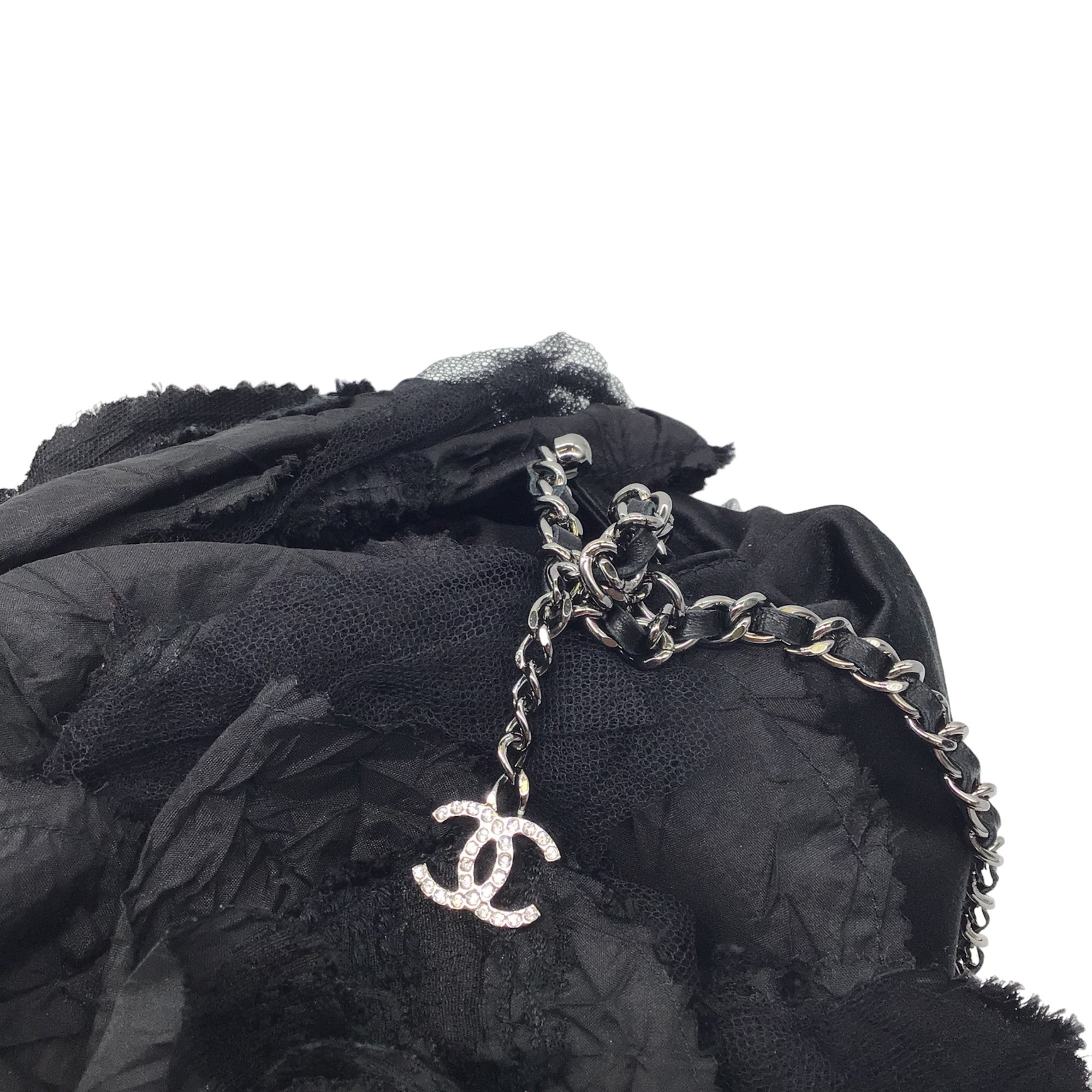 Chanel Black Satin Camellia Chain Strap Handbag