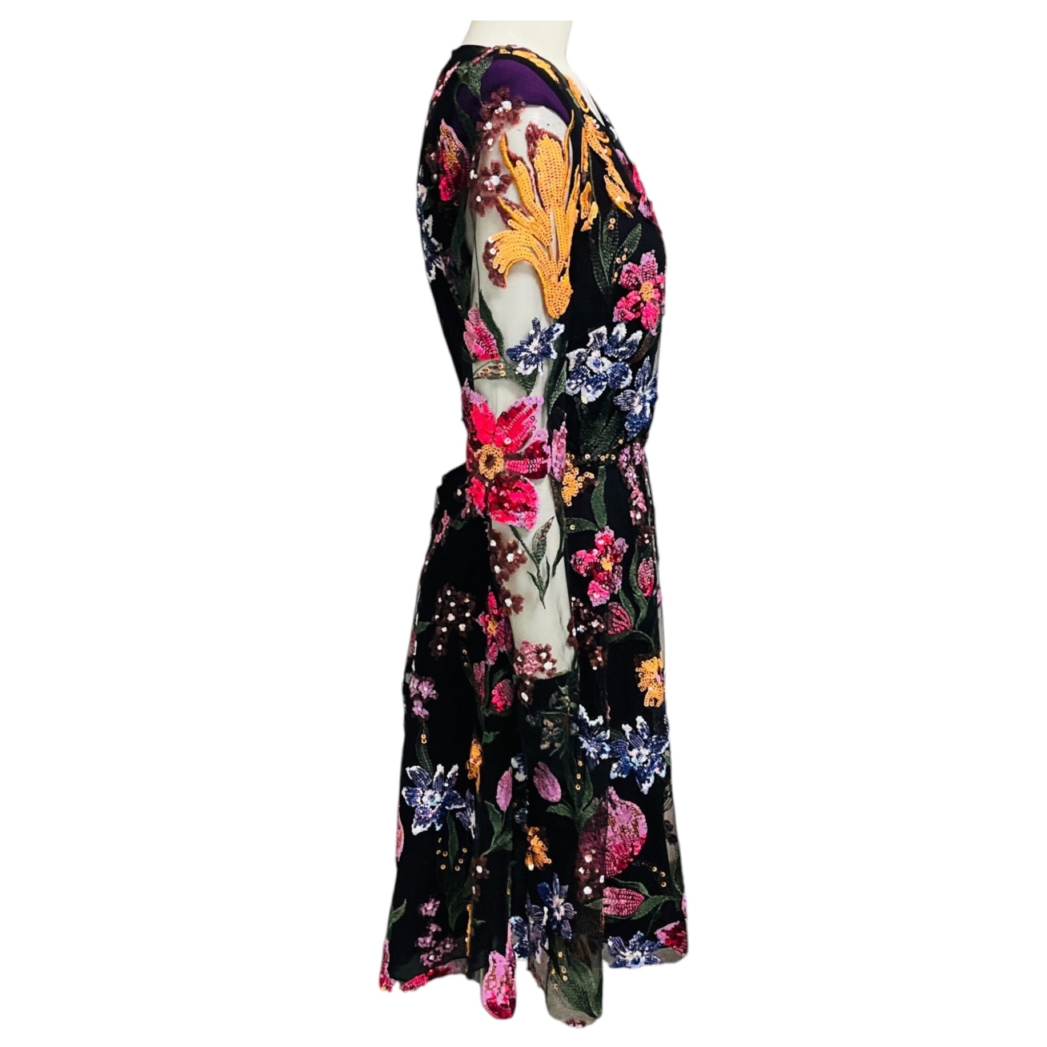 Naeem Khan Black Multi Floral Sequined Cocktail Dress with Open Back
