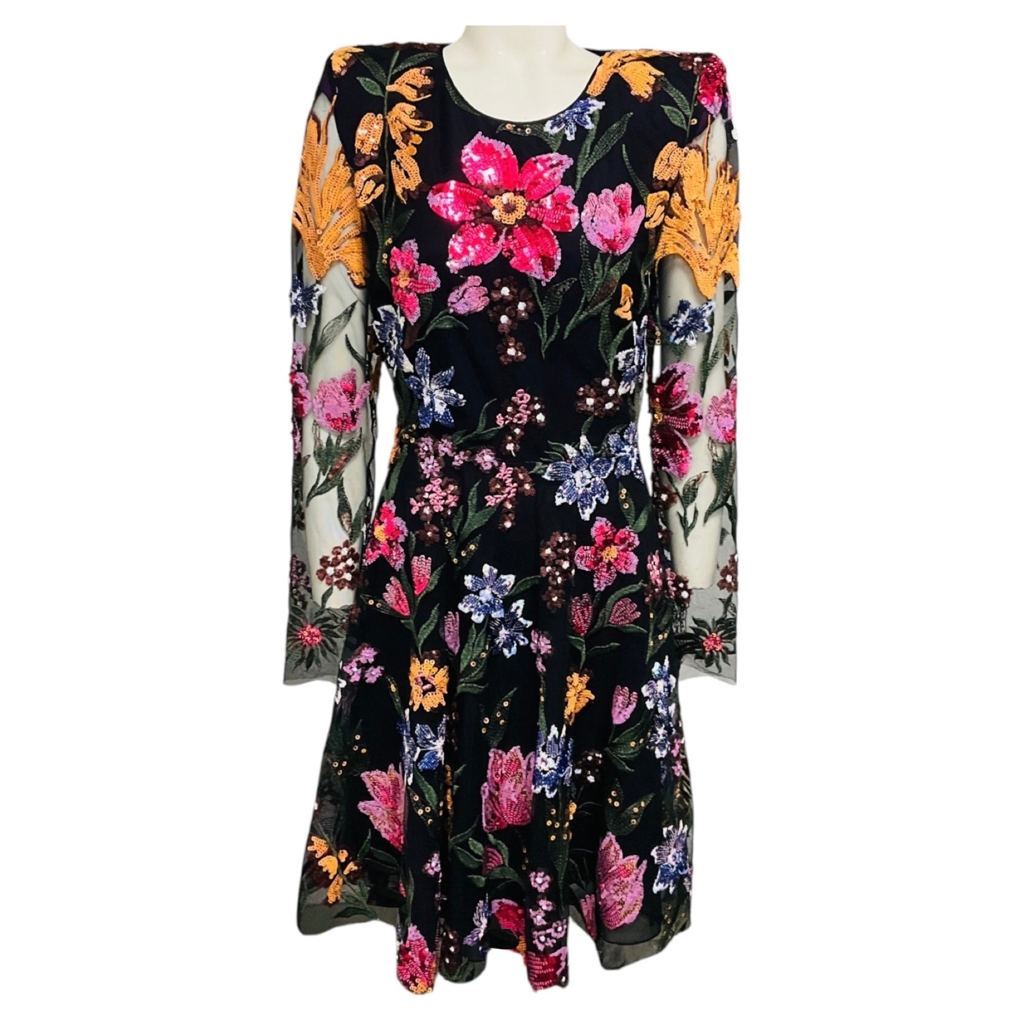 Naeem Khan Black Multi Floral Sequined Cocktail Dress with Open Back