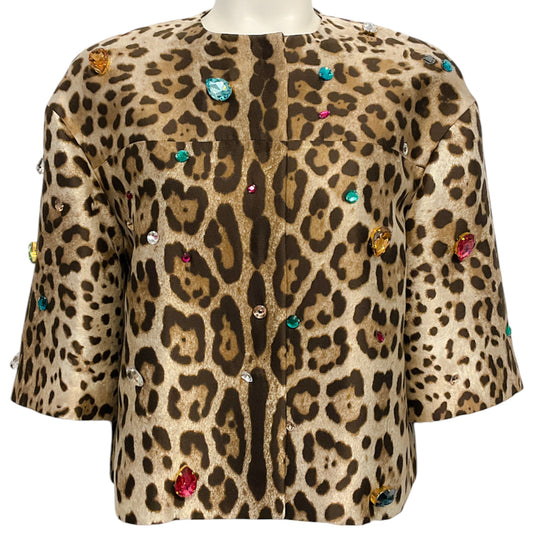 Dolce & Gabbana Brown Leopard Print Cropped Jacket with Gems
