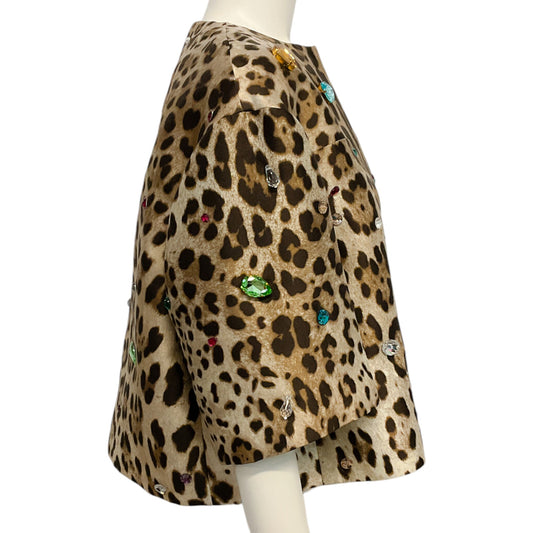 Dolce & Gabbana Brown Leopard Print Cropped Jacket with Gems