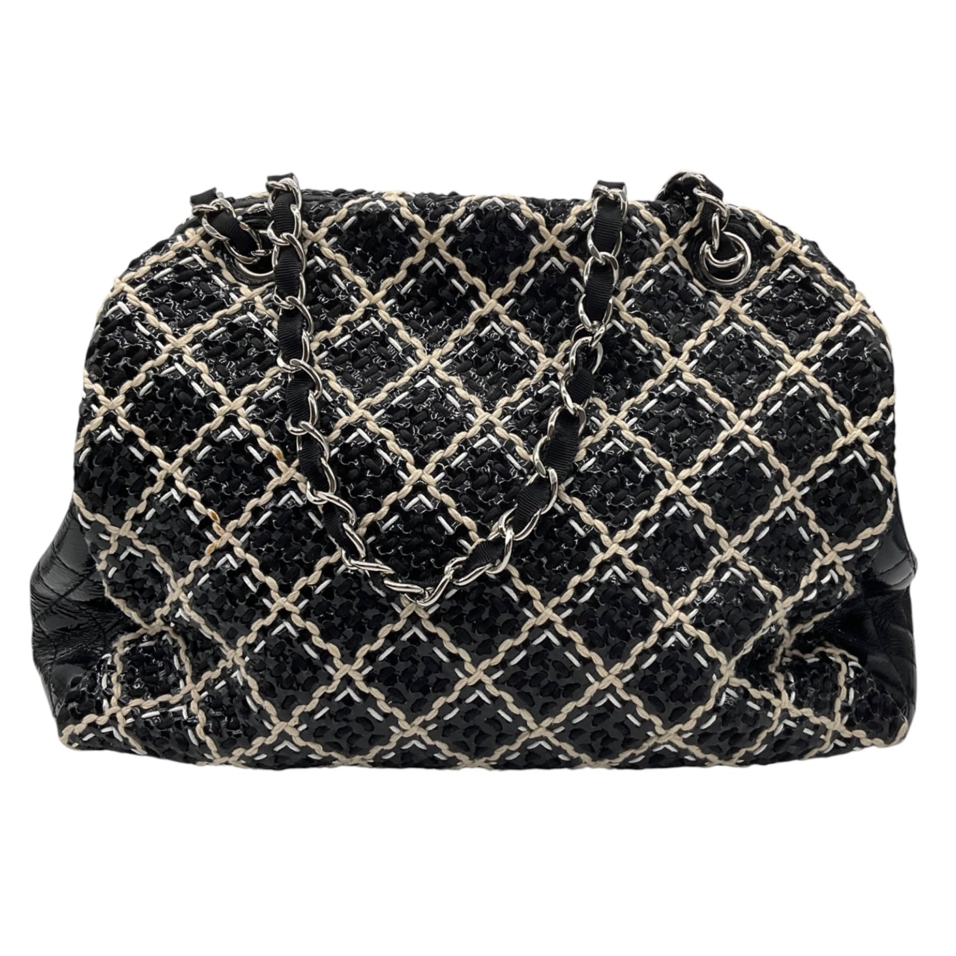 Chanel Black / Beige / White Woven Patent Leather Chain Strap Handbag