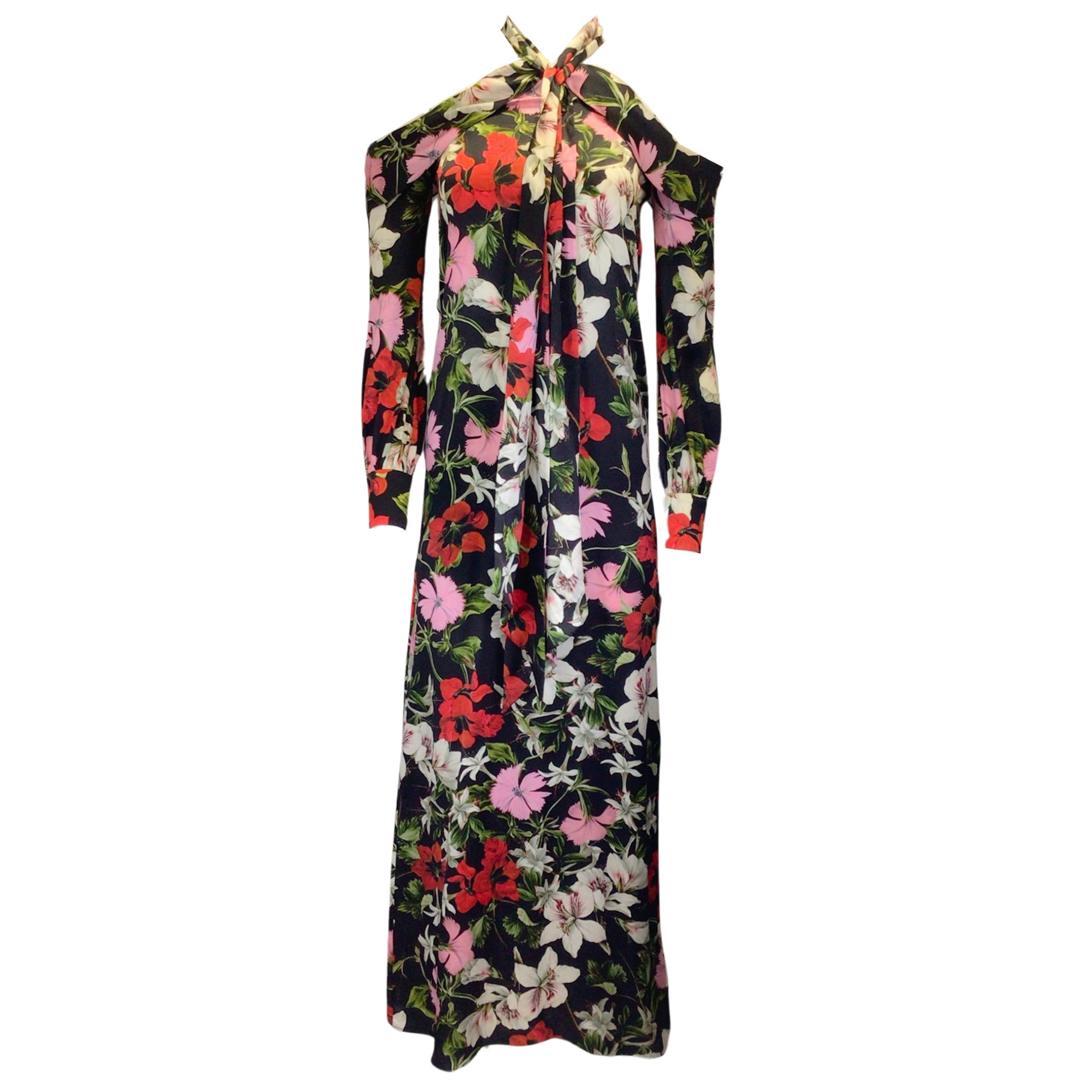 ERDEM Black Multi Floral Printed Anora Silk Gown / Formal Dress