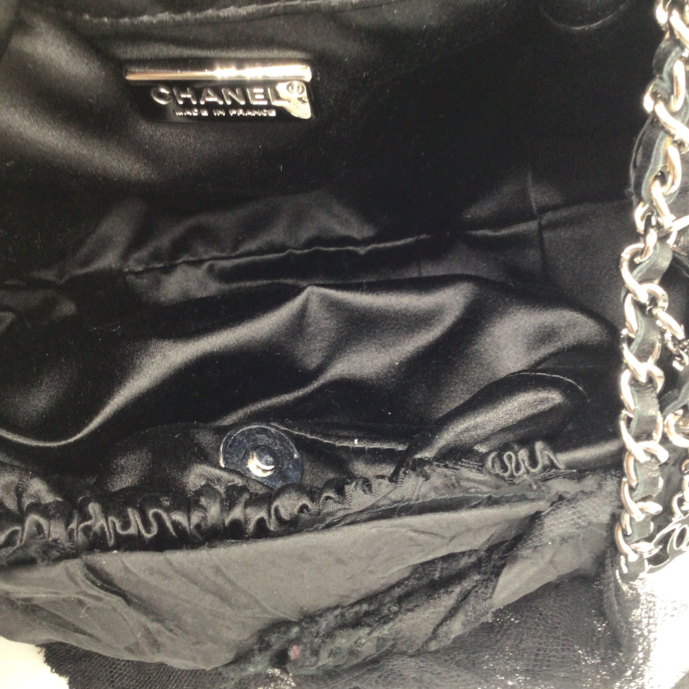 Chanel Black Satin Camellia Chain Strap Handbag