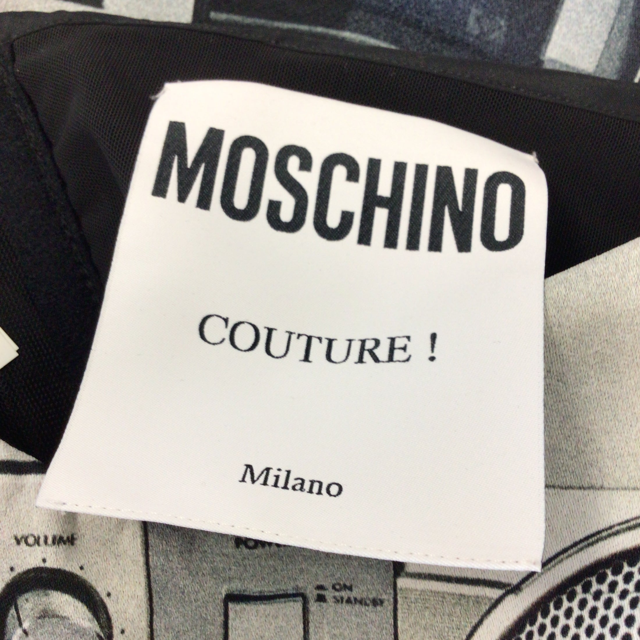 Moschino Couture Black Multi 2019 Stereo Print Strapless Crepe Mini Dress