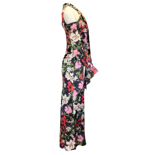 ERDEM Black Multi Floral Printed Anora Silk Gown / Formal Dress