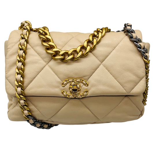 Chanel Beige 2020 Quilted Lambskin Leather Medium Chanel 19 Flap Shoulder Bag with Mixed Metal Hardware