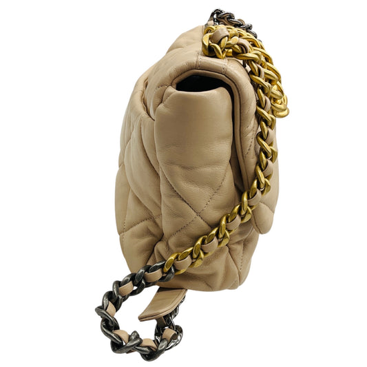 Chanel Beige 2020 Quilted Lambskin Leather Medium Chanel 19 Flap Shoulder Bag with Mixed Metal Hardware