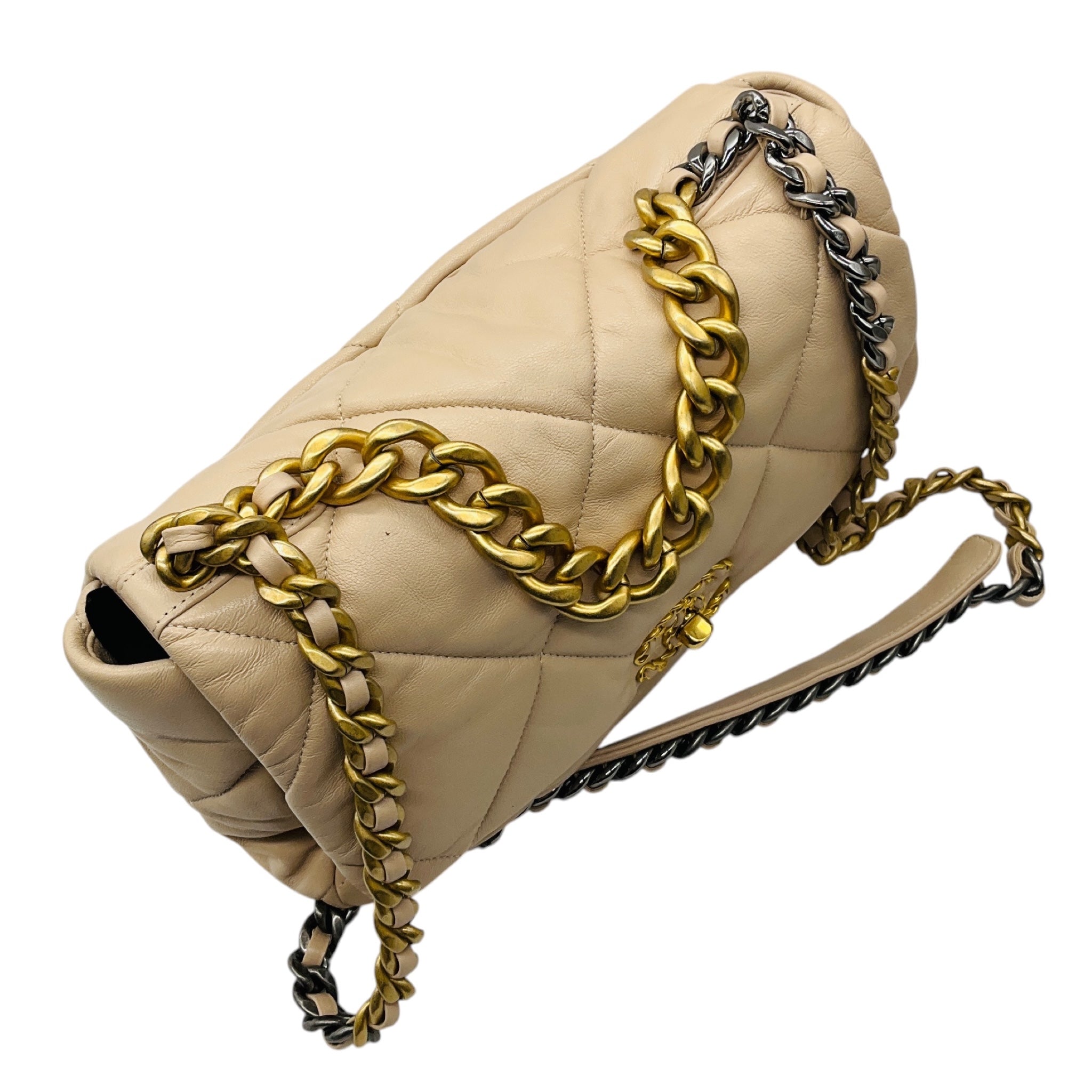 Chanel Beige 2020 Quilted Lambskin Leather Medium Chanel 19 Flap Shoulder Bag with Mixed Metal Hardware