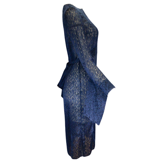 Akris Navy Blue Belted Long Sleeved Velvet Midi Dress