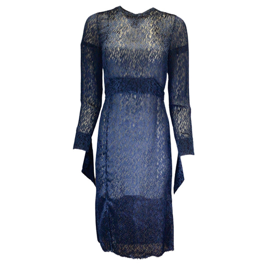 Akris Navy Blue Belted Long Sleeved Velvet Midi Dress