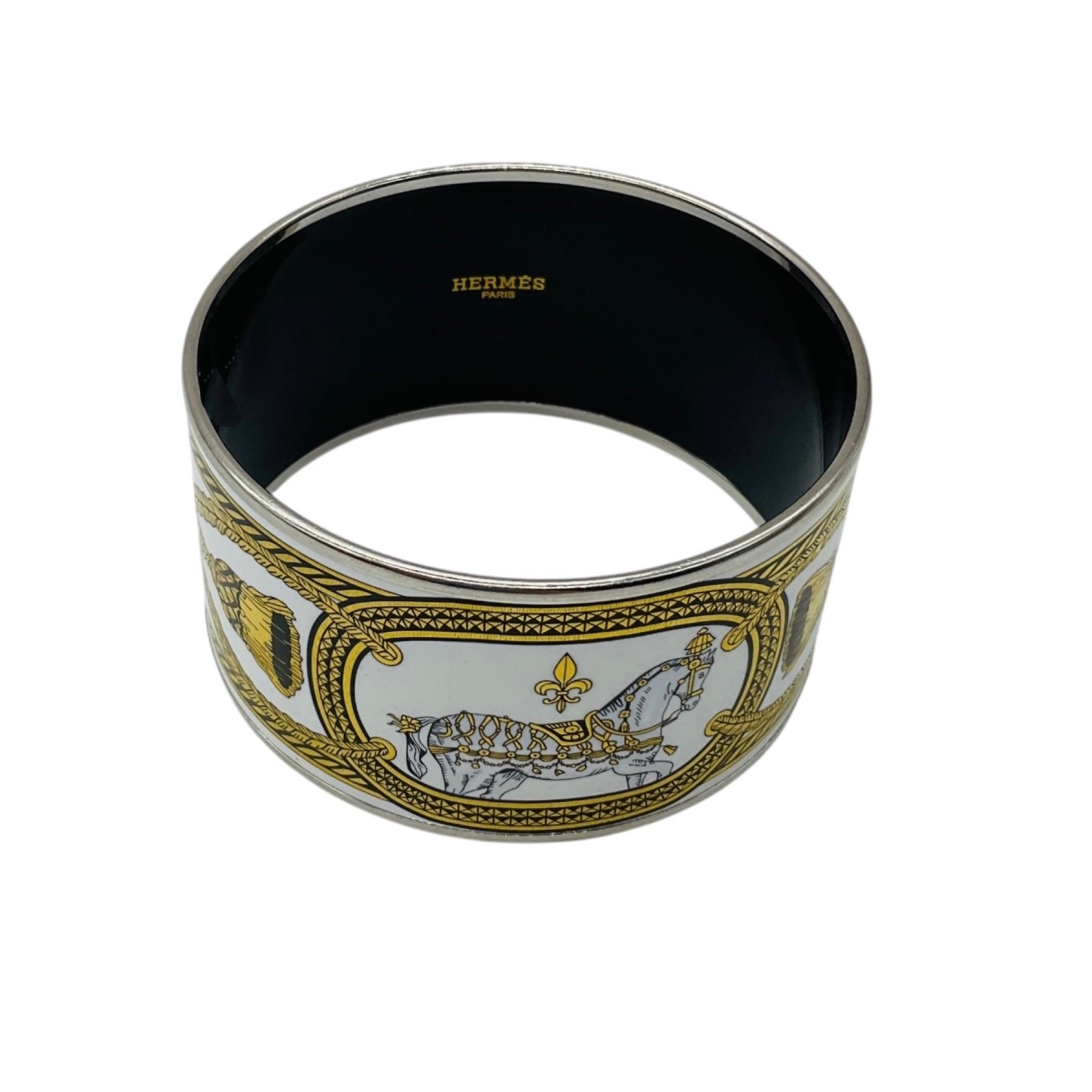 Hermes White / Gold / Black Grand Apparat Print Enamel Extra Wide Bangle Bracelet 