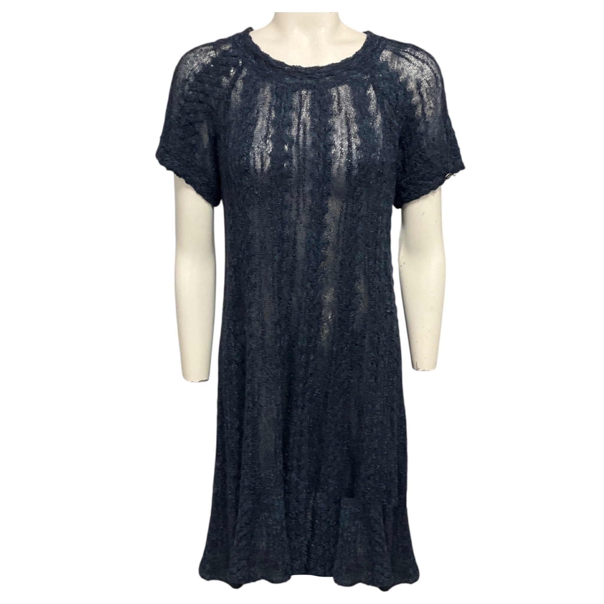 Chanel Navy Blue Short Sleeved Alpaca and Linen Knit Dress with CC Logo Plate