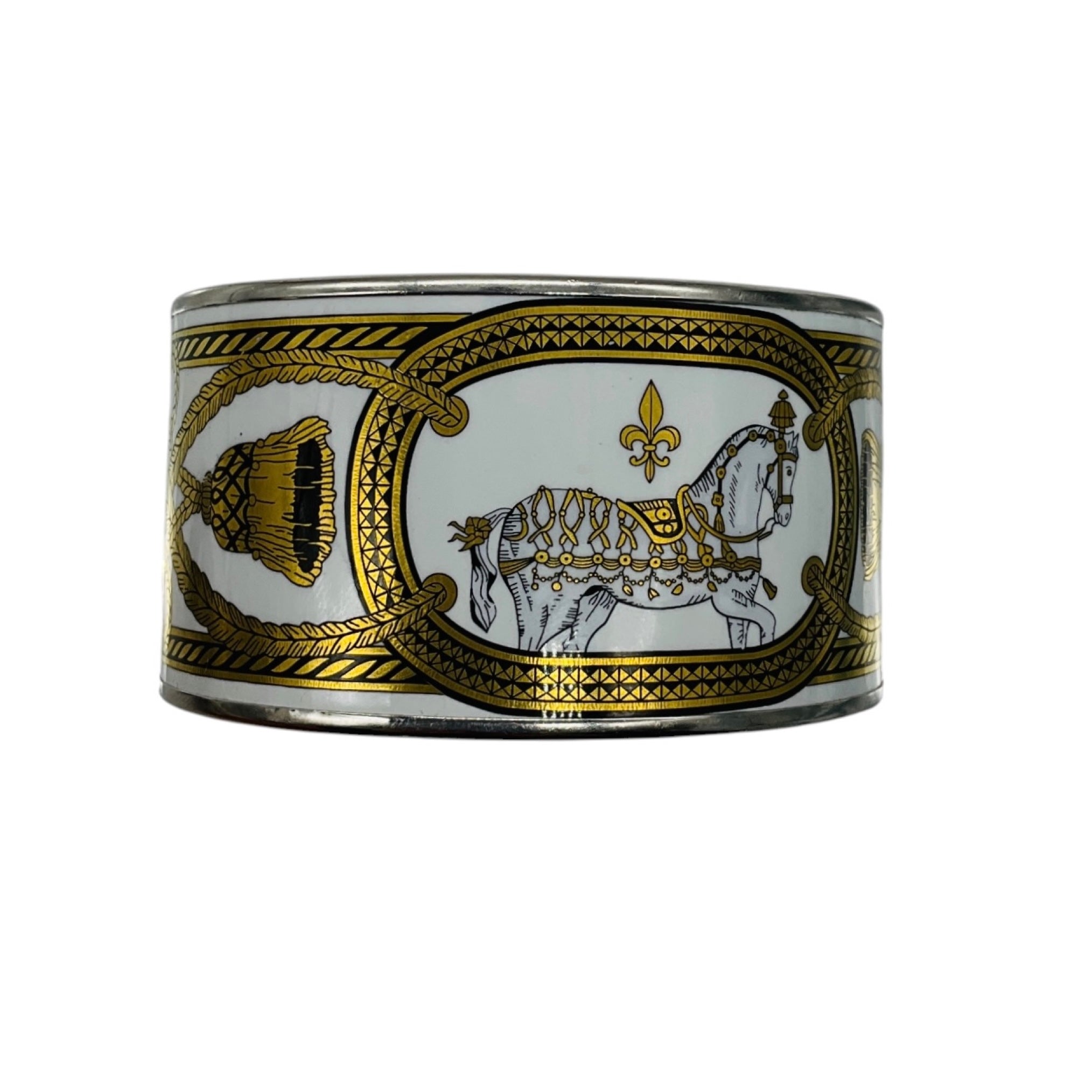 Hermes White / Gold / Black Grand Apparat Print Enamel Extra Wide Bangle Bracelet