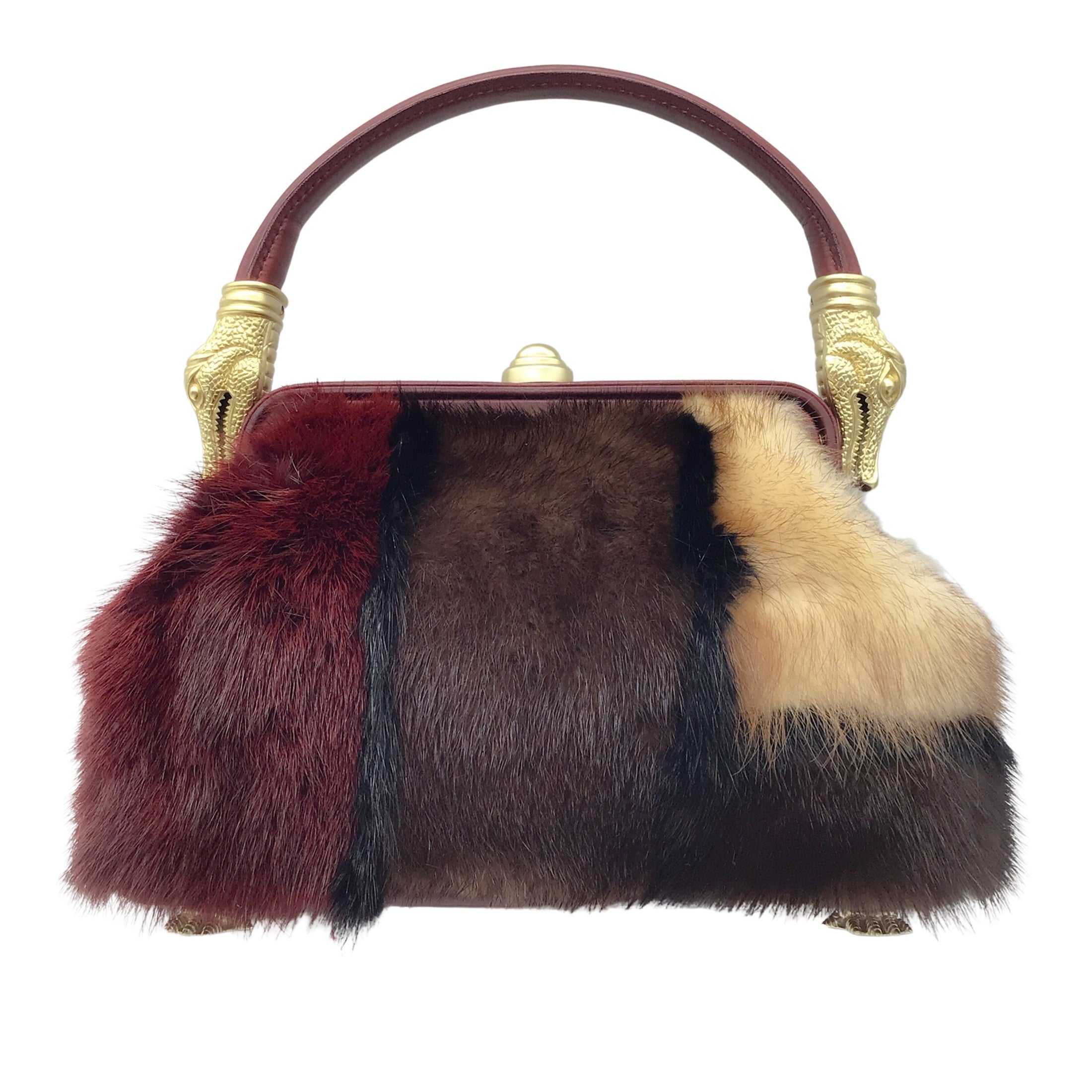 Kieselstein-Cord Burgundy Multi Mink Fur and Leather Top Handle Bag