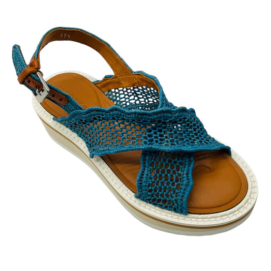 Robert Clergerie Teal Crochet Knit Cross Strap Sandals