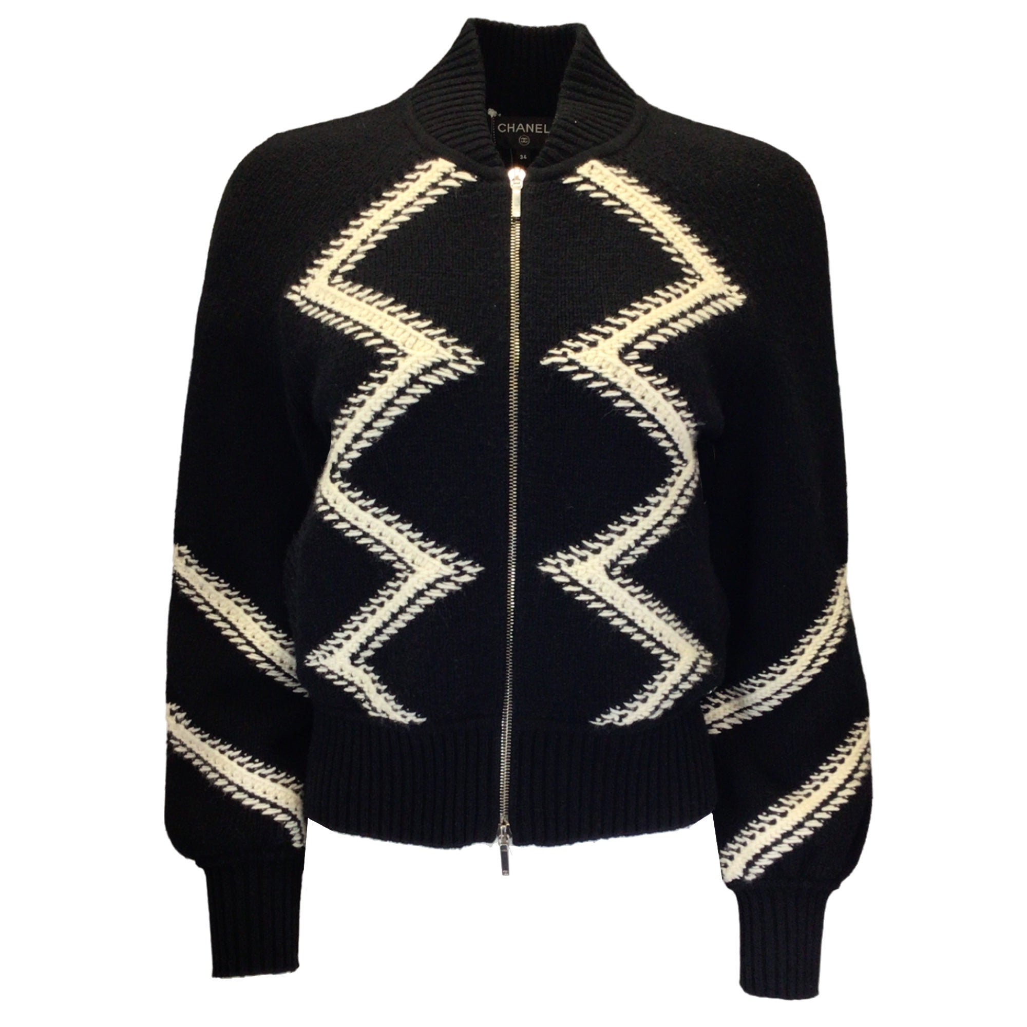 Chanel Black / Ecru 2016 Wool and Cashmere Knit Full Zip Blouson Sweater