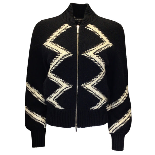 Chanel Black / Ecru 2016 Wool and Cashmere Knit Full Zip Blouson Sweater