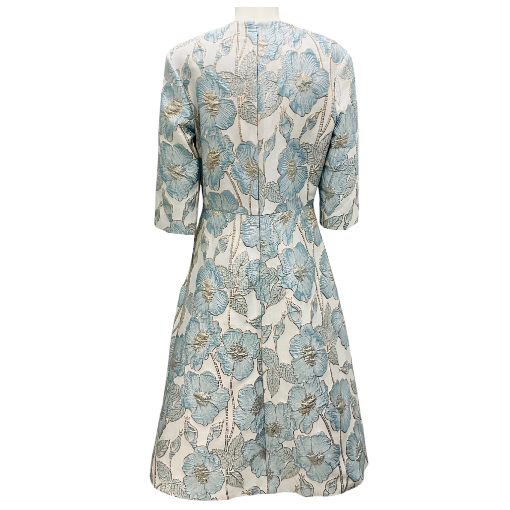 Reem Acra Light Blue / White / Gold Metallic Floral Jacquard Cocktail Dress
