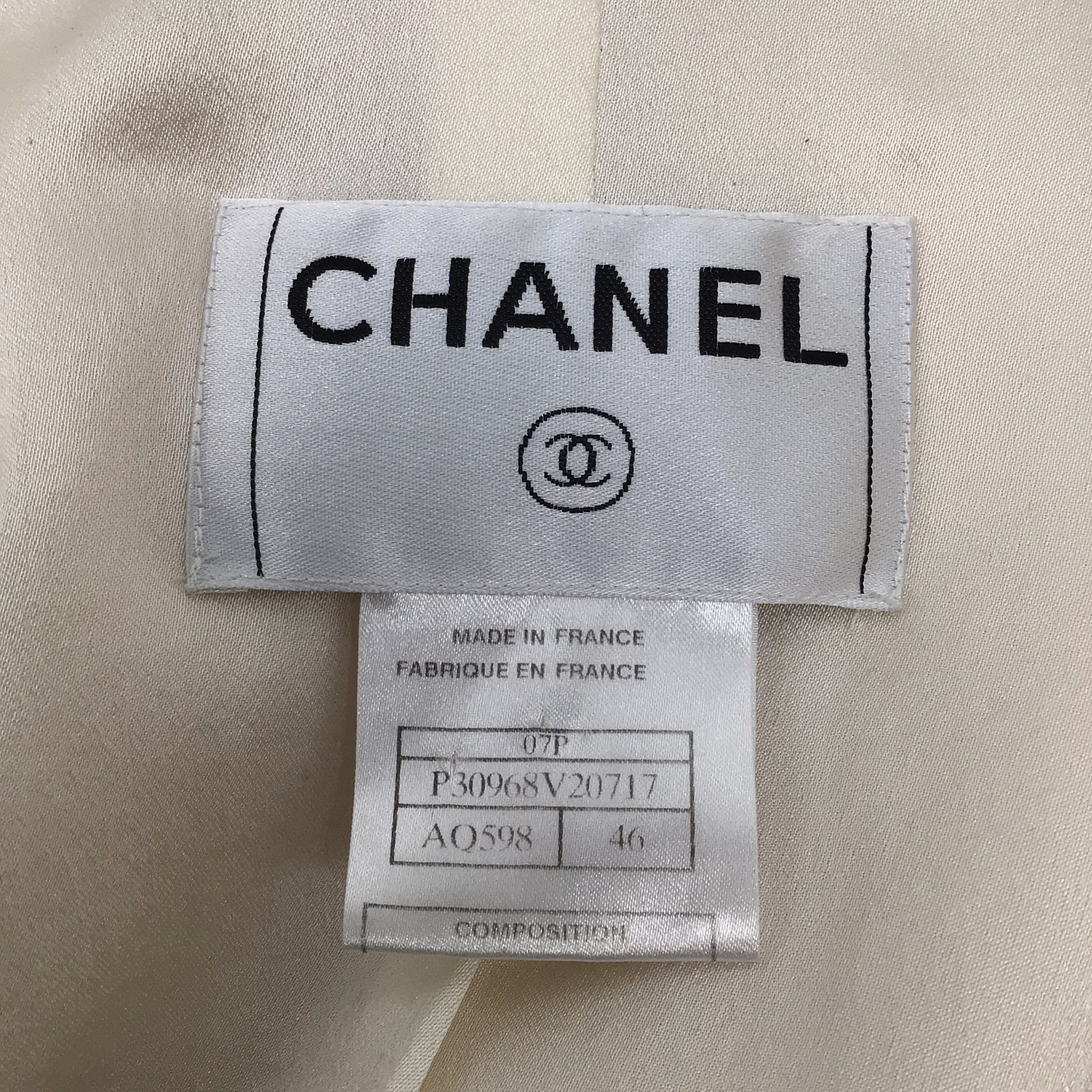 Chanel Ivory 2007 CC Logo Buttoned Raw Edge Military Style Jacket