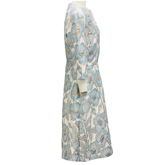 Reem Acra Light Blue / White / Gold Metallic Floral Jacquard Cocktail Dress