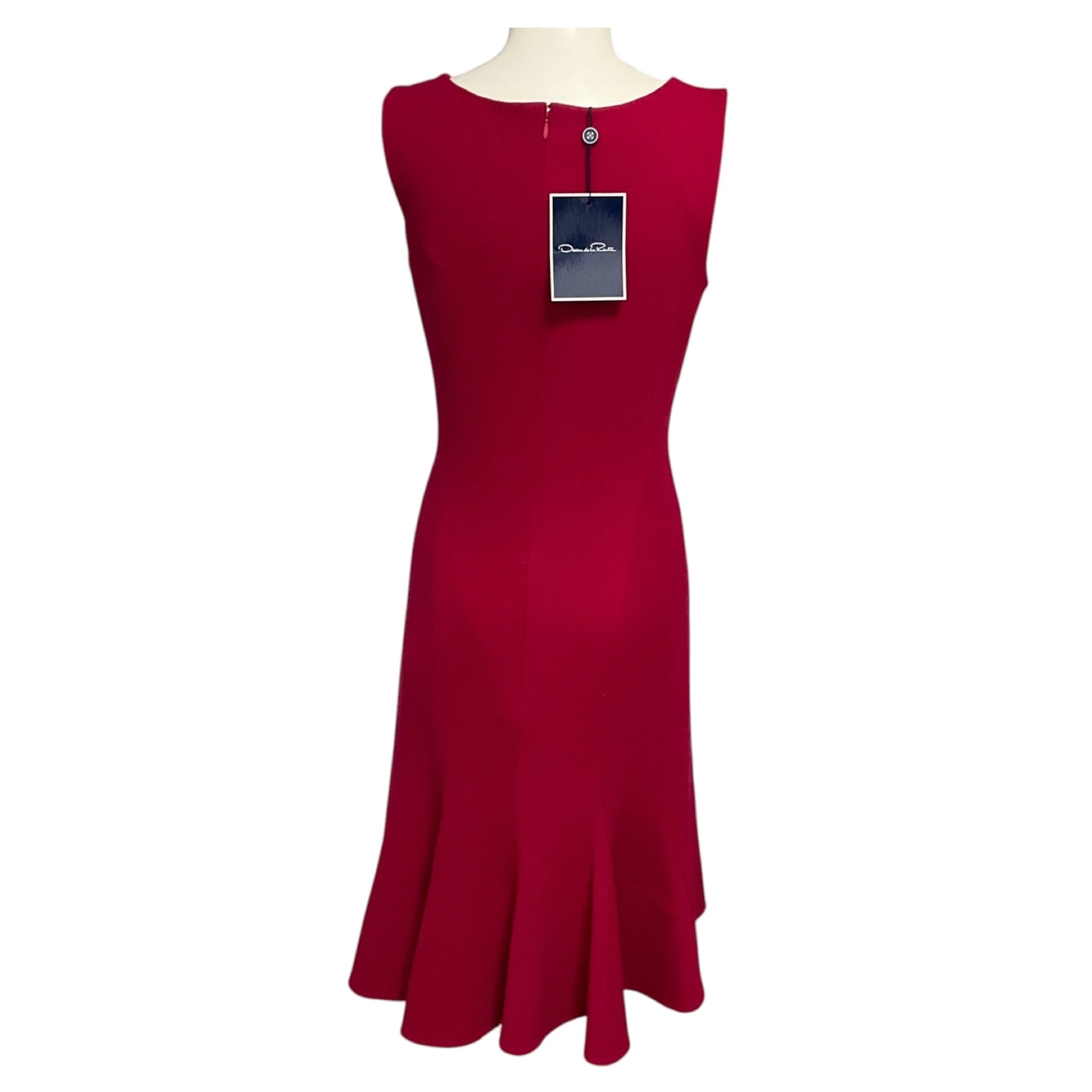 Oscar de la Renta Raspberry Sleeveless Wool Crepe Midi Cocktail Dress