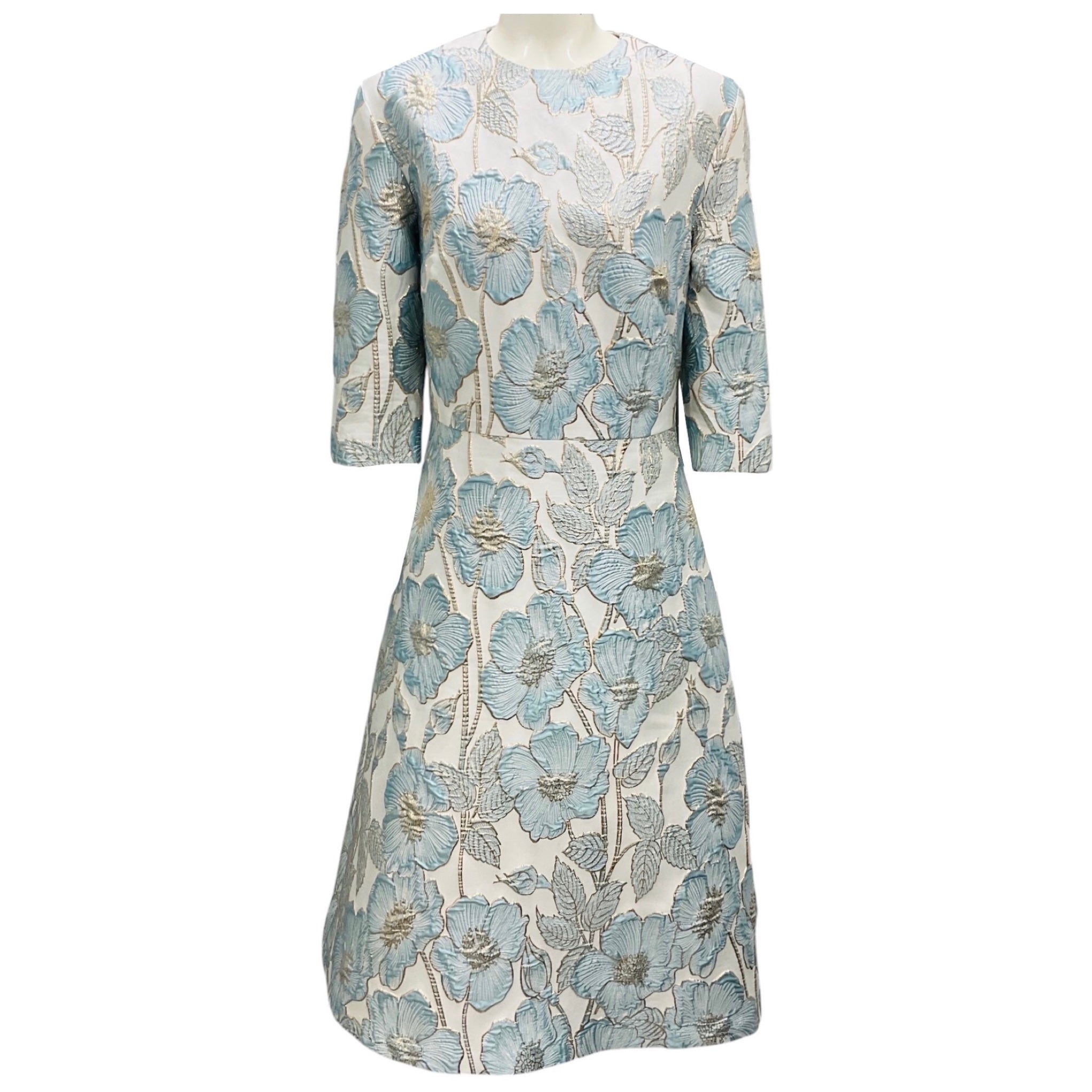 Reem Acra Light Blue / White / Gold Metallic Floral Jacquard Cocktail Dress