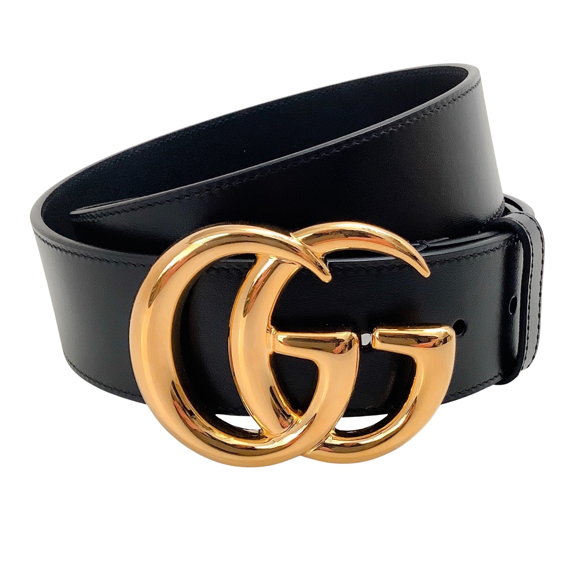 Gucci 34MM Black Leather Belt with Gold GG Logo Buckle