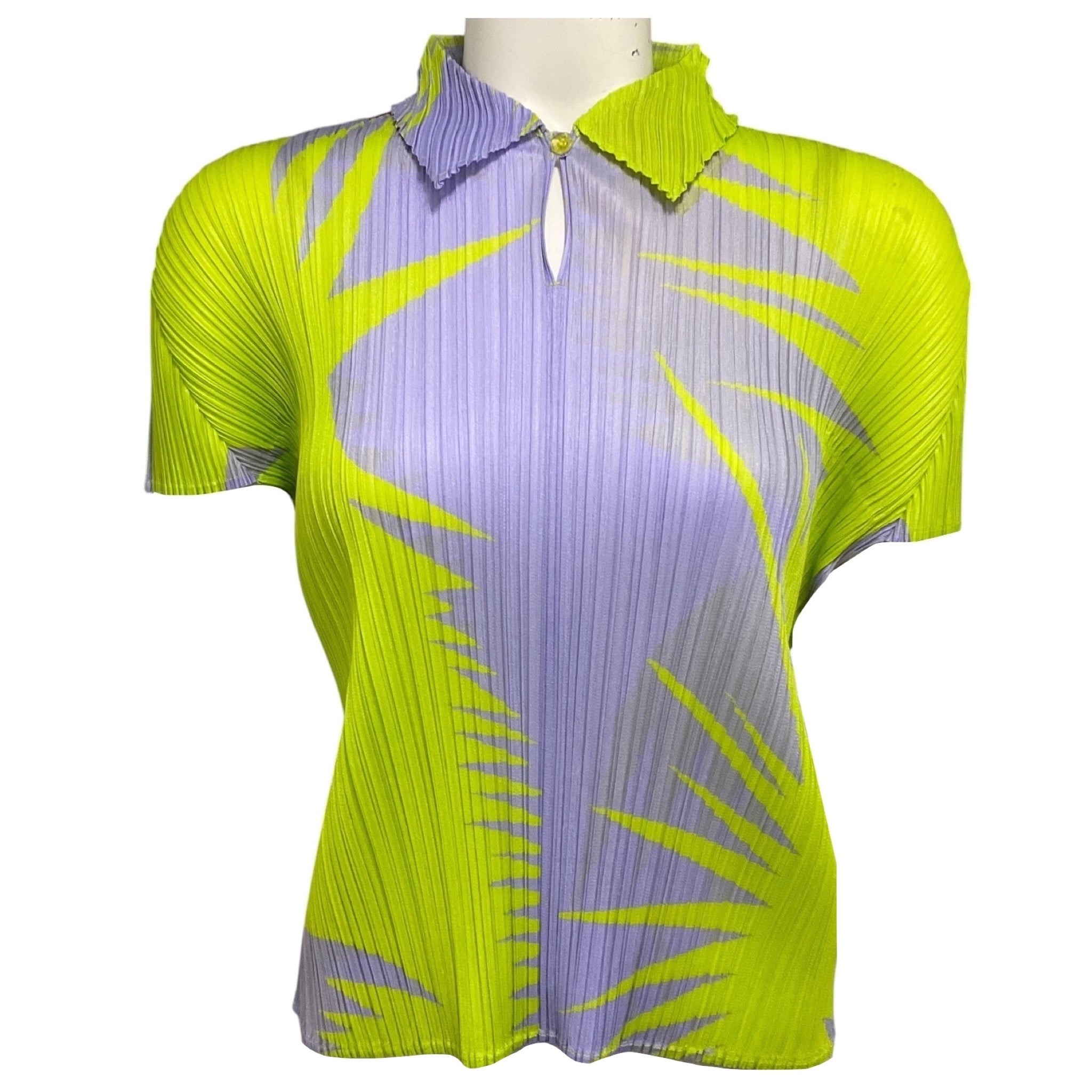 Pleats Please by Issey Miyake Lime Green / Lavender Purple Pleated Short Sleeved Top