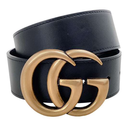 Gucci 28MM Black Leather Belt with Antiqued Gold GG Logo Buckle