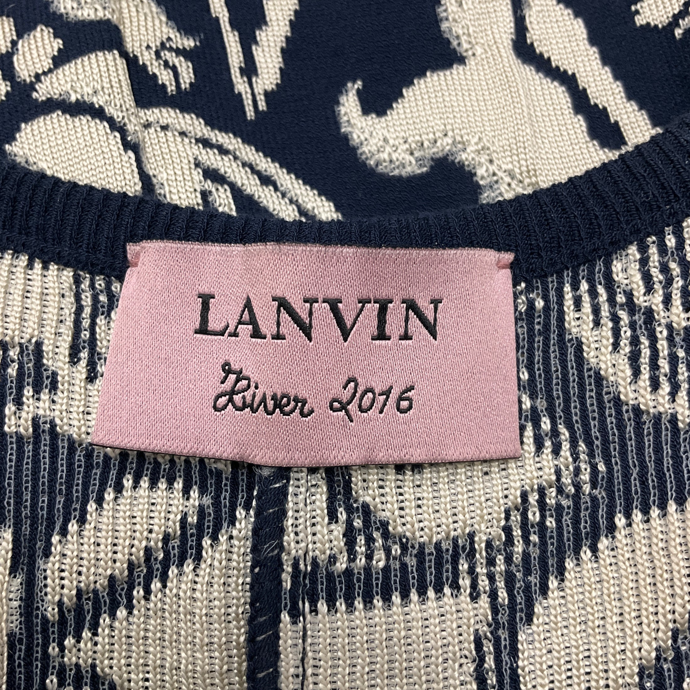 Lanvin Navy Blue / Cream Sleeveless Jacquard Knit Cocktail Dress