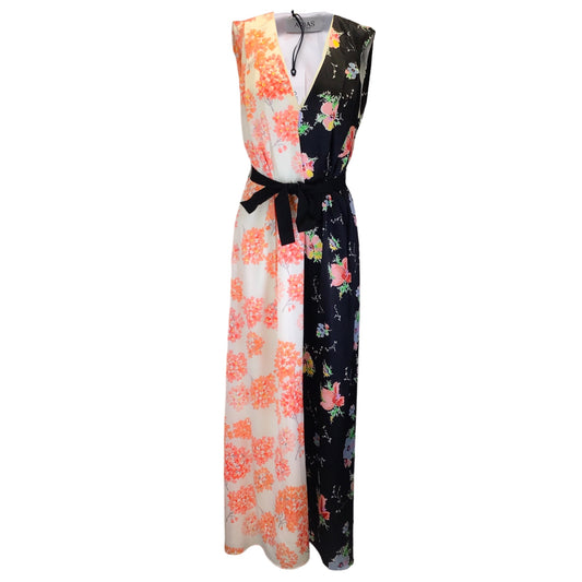 Arias Black Multi Belted Mixed Print V-Neck Gown in Hydrangea / Black Floral