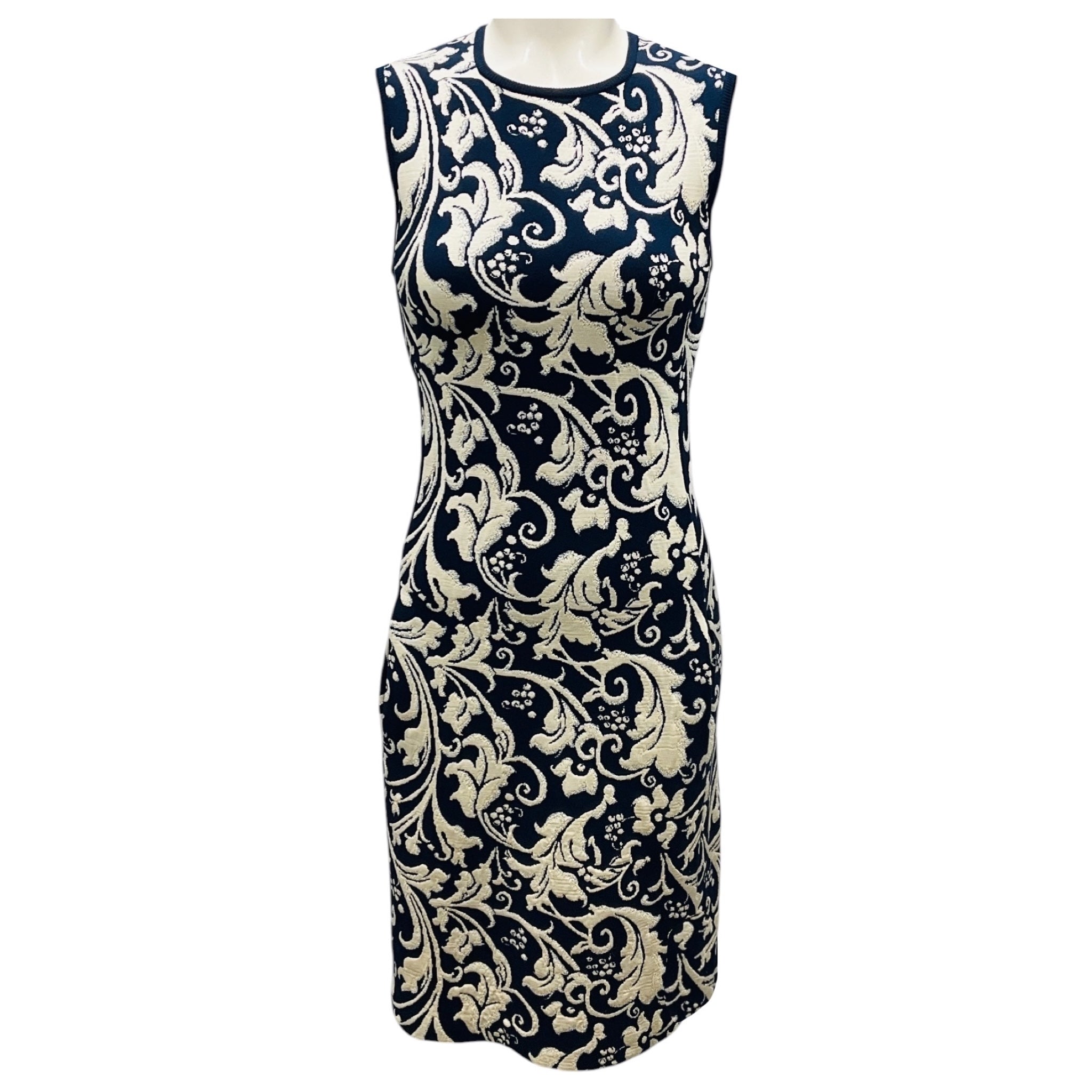 Lanvin Navy Blue / Cream Sleeveless Jacquard Knit Cocktail Dress