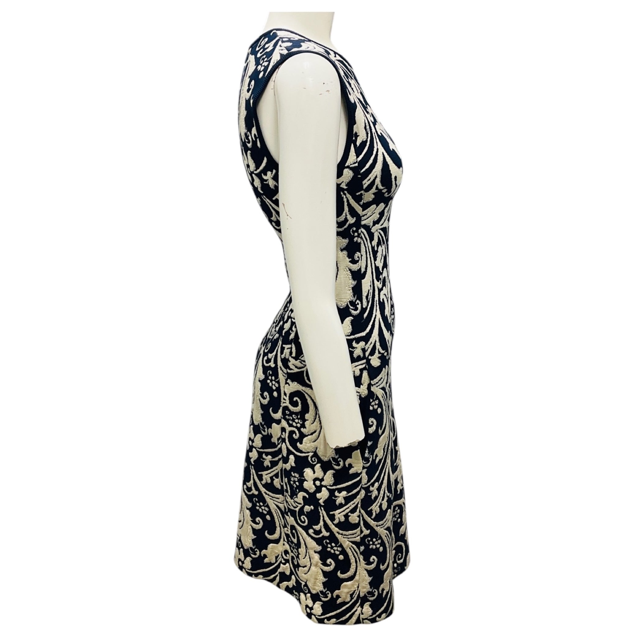 Lanvin Navy Blue / Cream Sleeveless Jacquard Knit Cocktail Dress