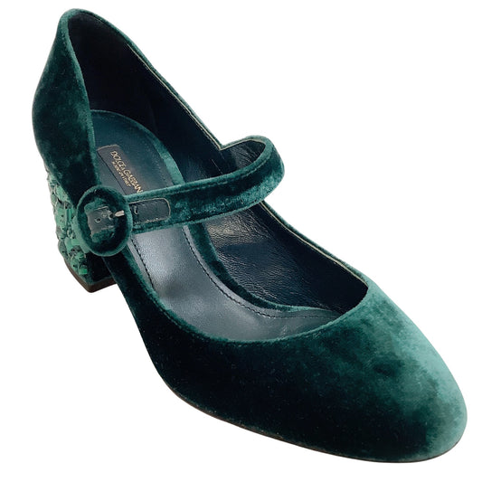Dolce & Gabbana Green Velvet Mary Janes with Green Crystal Heels