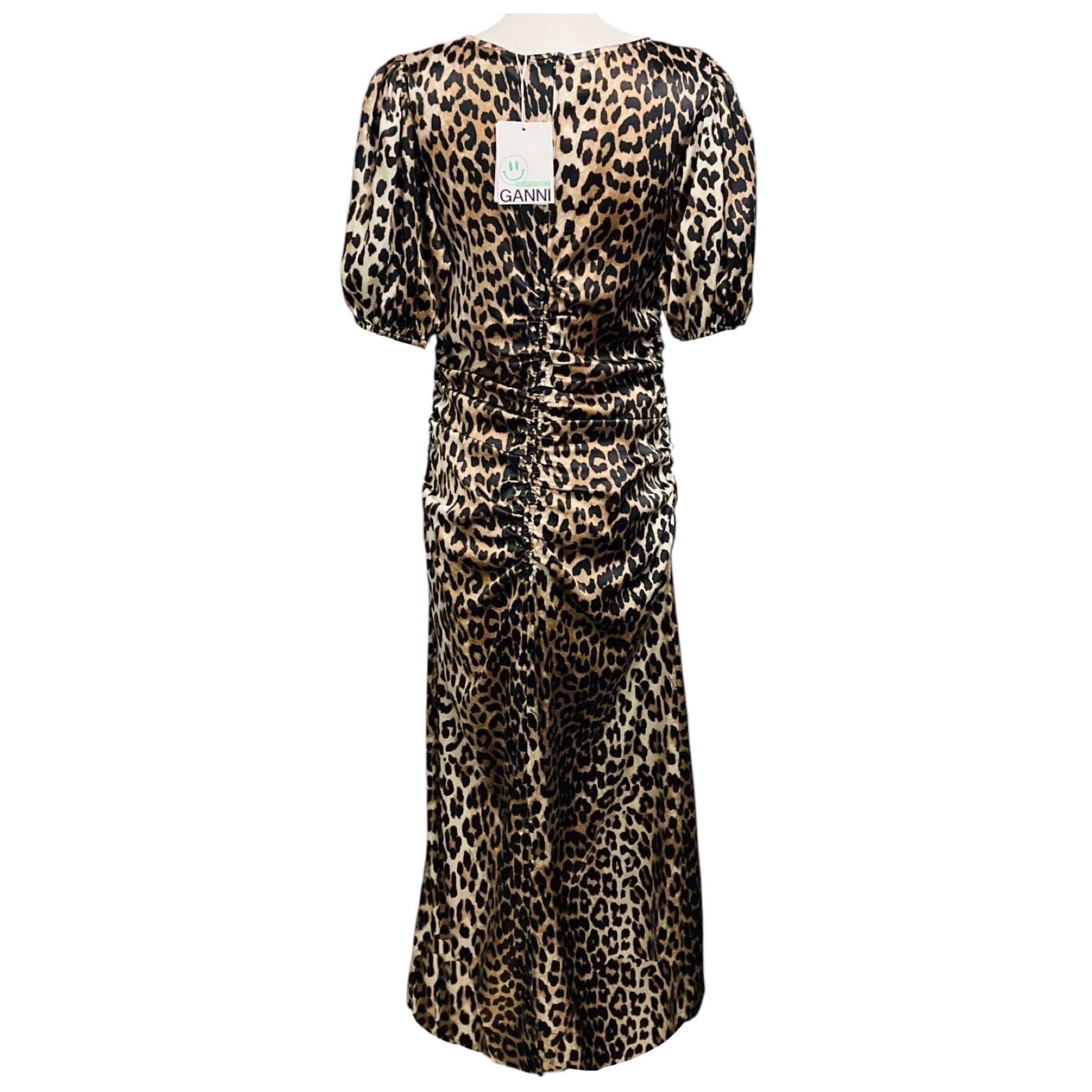 Ganni Tan / Brown / Black Leopard Printed Short Sleeved Silk Midi Dress