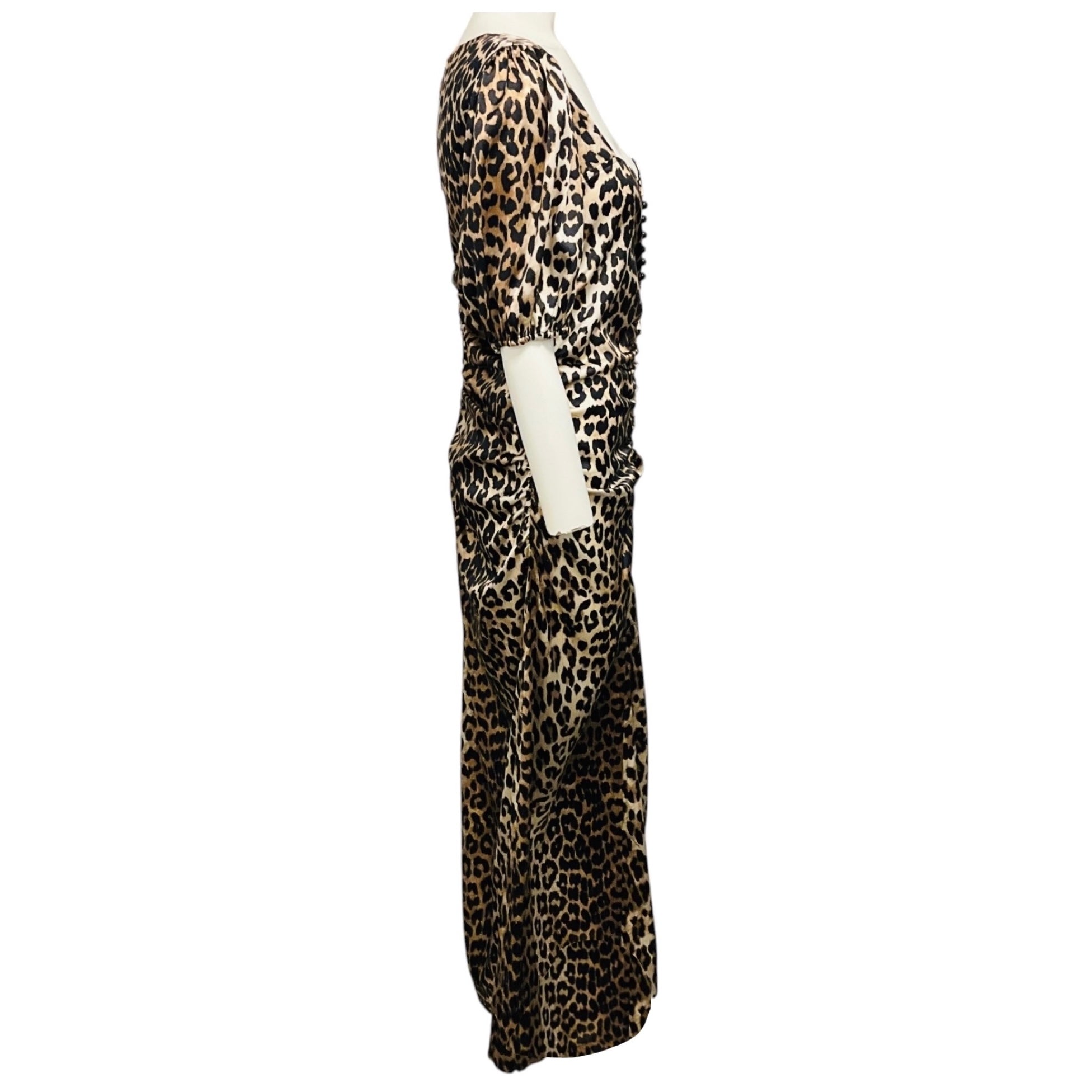 Ganni Tan / Brown / Black Leopard Printed Short Sleeved Silk Midi Dress