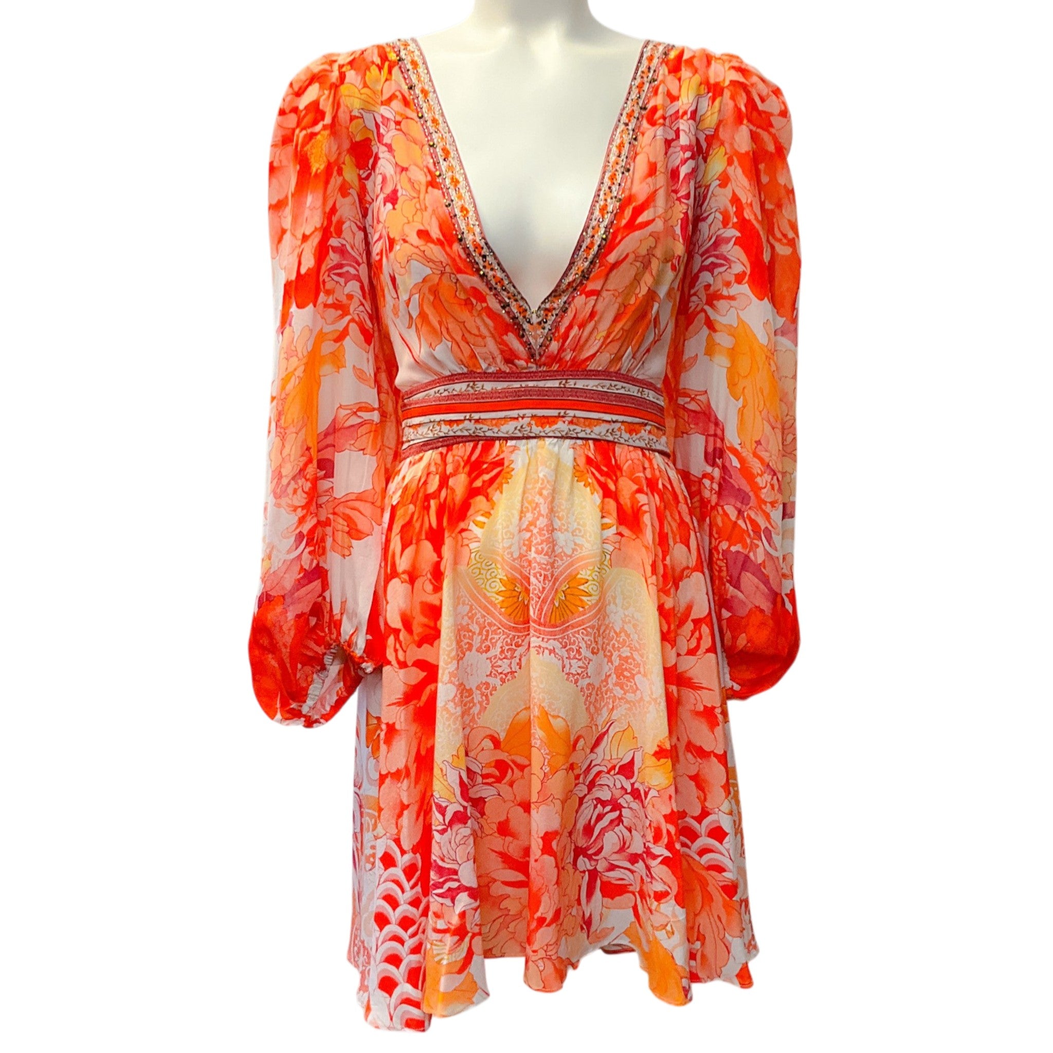 Camilla Orange / White Silk Dragon Mother Blouson Flared Dress
