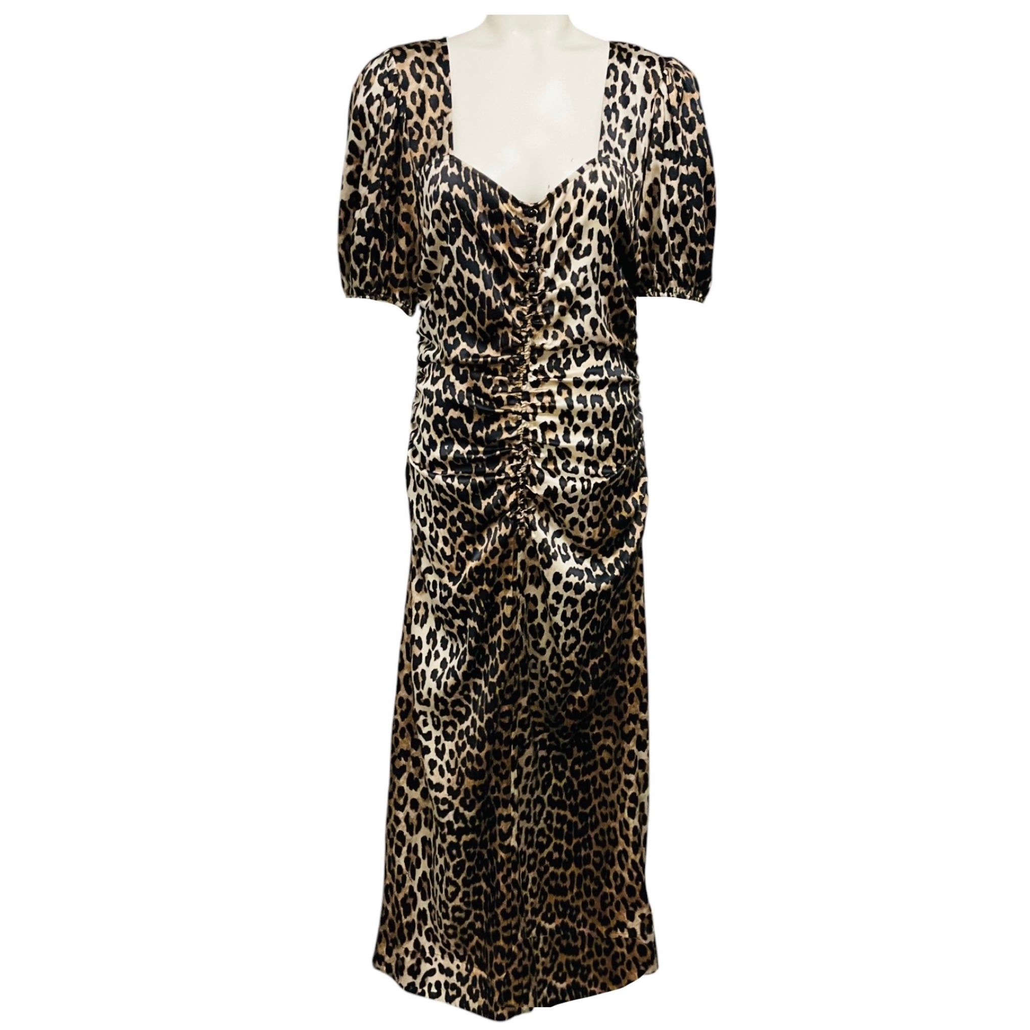 Ganni Tan / Brown / Black Leopard Printed Short Sleeved Silk Midi Dress