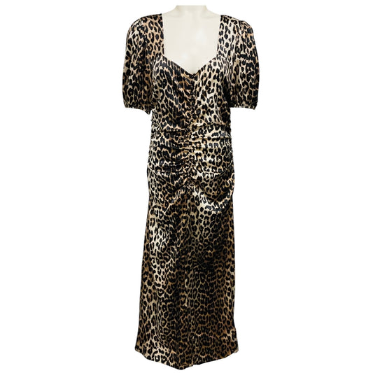 Ganni Tan / Brown / Black Leopard Printed Short Sleeved Silk Midi Dress