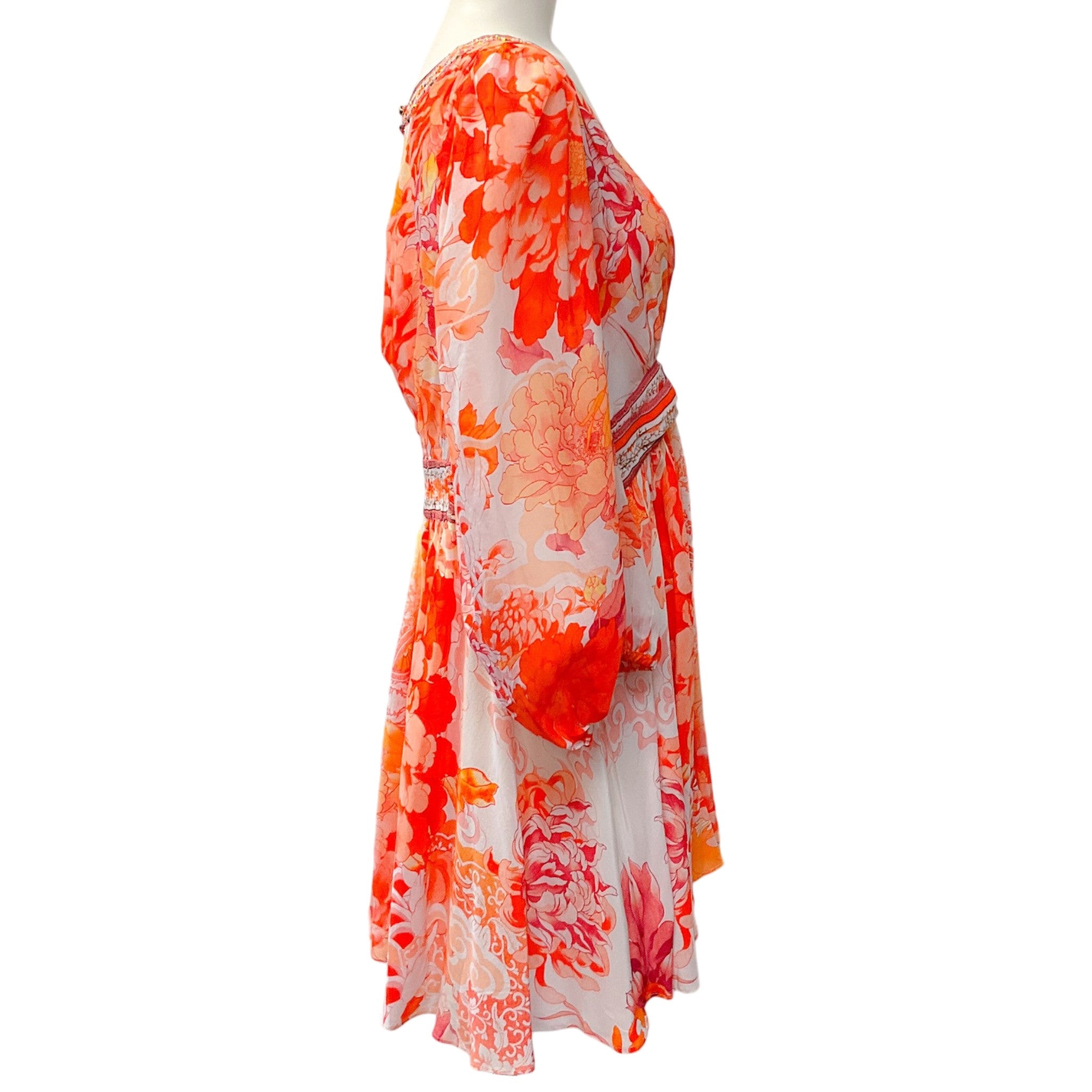 Camilla Orange / White Silk Dragon Mother Blouson Flared Dress