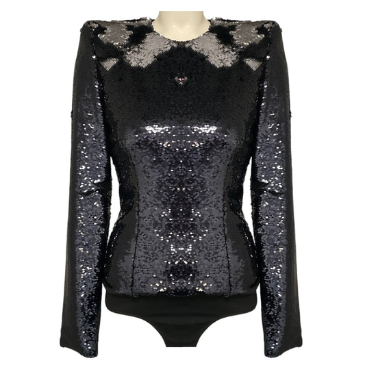 Alexandre Vauthier Navy Blue Sequined Long Sleeved Bodysuit